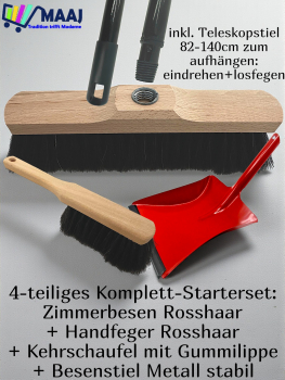 Komplettset Zimmerbesen Handfeger mit Rosshaar Schaufel Stiel